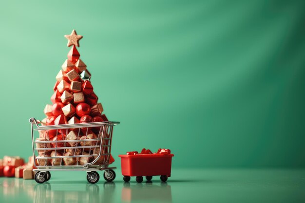 Carrello della spesa con un albero di Natale decorativo su uno sfondo verde banner pubblicitario di Capodanno