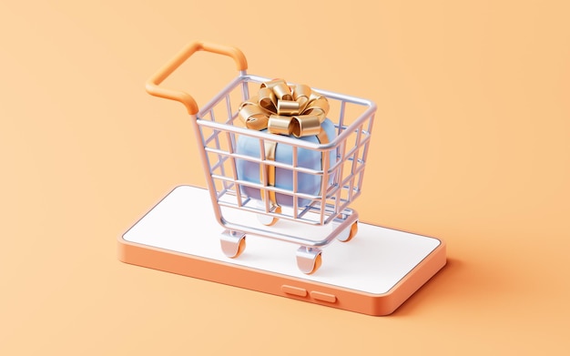 Carrello della spesa di cartoni animati sul telefono cellulare rendering 3D