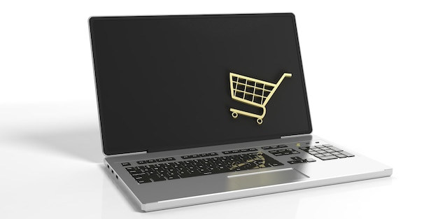 Carrello della spesa di rendering 3D sullo schermo di un computer portatile