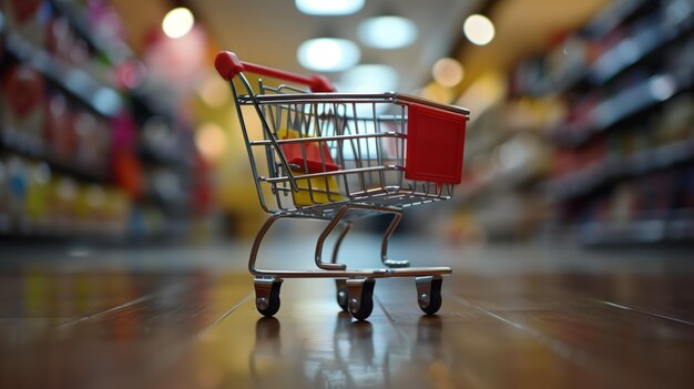 Carrello della spesa in miniatura sullo sfondo sfocato del supermercato