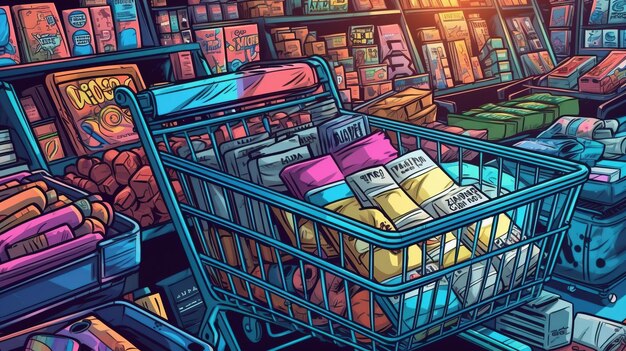 Carrello della spesa nel negozio di alimentari E-commerce e concetto di shopping online Concetto di fantasia Illustrazione pittura