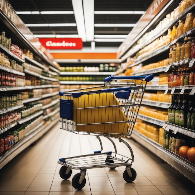 Carrello della spesa nel supermercato Foto sfocata astratta nei centri commerciali Carrello in prodotti di mercato