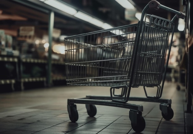 Carrello della spesa per la spesa al supermercato sfondo sfocato Immagine generata dall'intelligenza artificiale