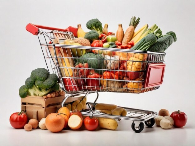 Carrello della spesa pieno di cibo isolato su bianco concetto di negozio di alimentari e alimentari