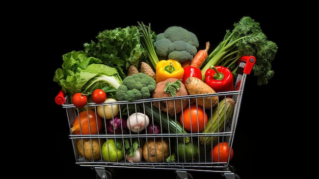 Carrello della spesa pieno di frutta e verdura in sfondo nero studio