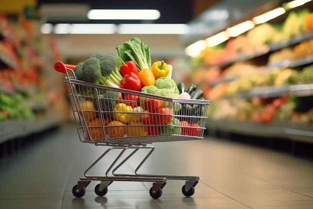 Carrello della spesa pieno di verdure e frutta sullo sfondo del supermercato Generare AI
