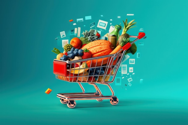 carrello della spesa poiché la lista della spesa digitale riempie la magia dello shopping online su sfondo blu