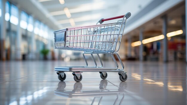 Carrello della spesa solitario all'interno di un centro commerciale vuoto IA generativa