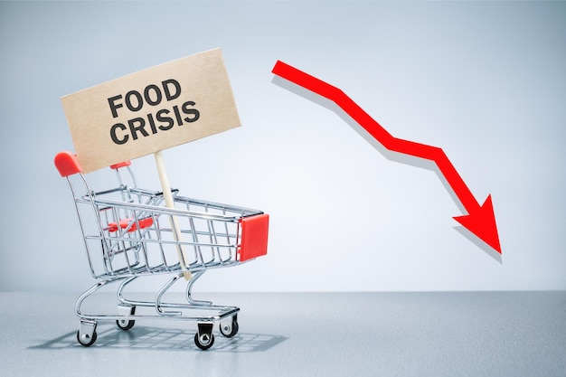 Carrello della spesa vuoto con segno di bordo Concetto di carestia di crisi alimentare