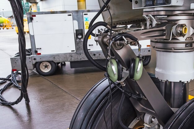 Carrello di atterraggio anteriore e ruote gommate con equipaggiamento per cuffie per la comunicazione con il pozzetto.