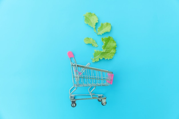 Carrello di spinta della piccola drogheria del supermercato per la compera con le foglie verdi della lattuga isolate su fondo variopinto pastello blu