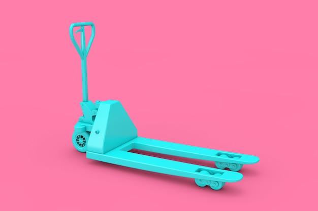 Carrello elevatore a mano blu del transpallet in stile bicolore su sfondo rosa. Rendering 3D