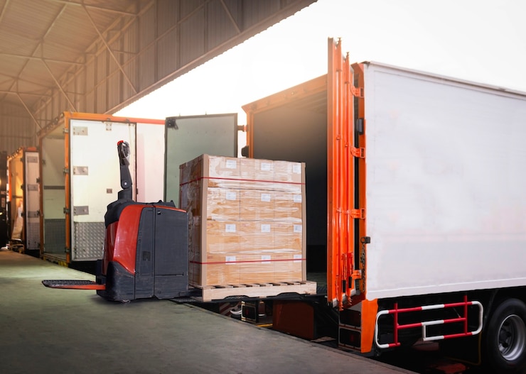 carrello elevatore elettrico che carica scatole di pacchi in camion portacontainer parcheggiati che caricano al magazzino del molo