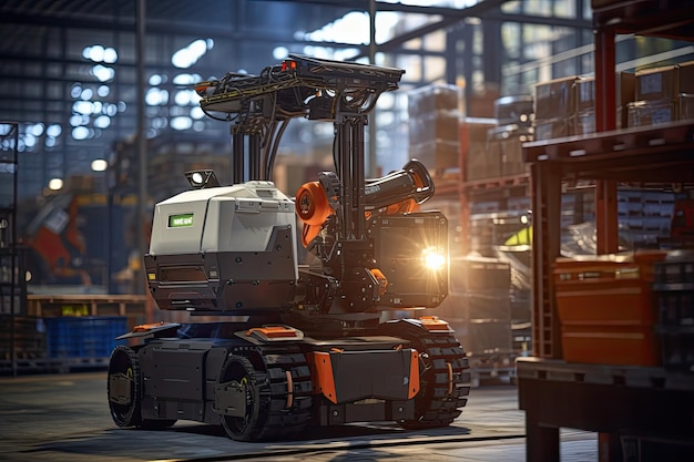 Carrello elevatore in magazzino Sfondo industriale rendering 3d robot umanoide che utilizza un carrello elevatore in un vivace complesso industriale Generato dall'intelligenza artificiale