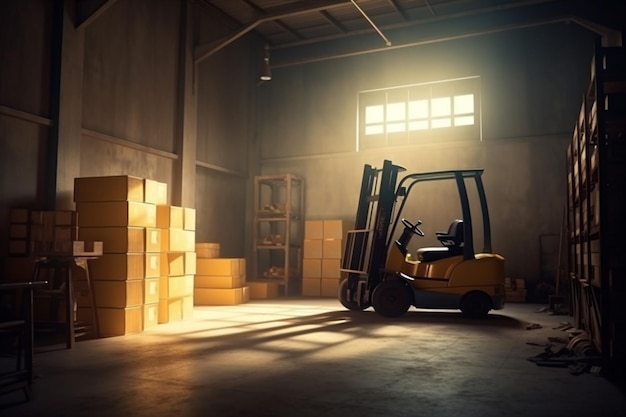 Carrello elevatore scatola distribuzione stoccaggio magazzino carico sole trasporto logistico consegna IA generativa