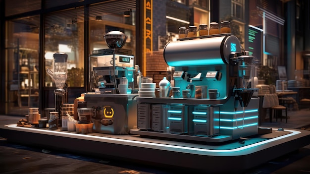 Carrello futuristico dei baristi robotici Urban Coffee Odyssey