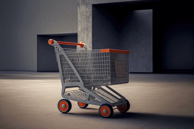 Carrello grigio per bambini nel parcheggio del supermercato