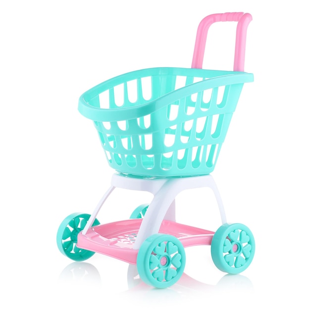 Carrello per bambini isolato su uno sfondo bianco Carrello in plastica per supermercato Shopping concept Cestino della spesa Idee per i negozi