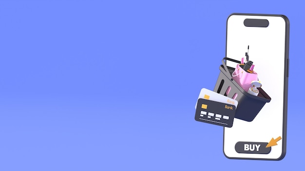 Carrello per smartphone con illustrazione 3D con un pacchetto di carte bancarie cosmetiche su sfondo blu