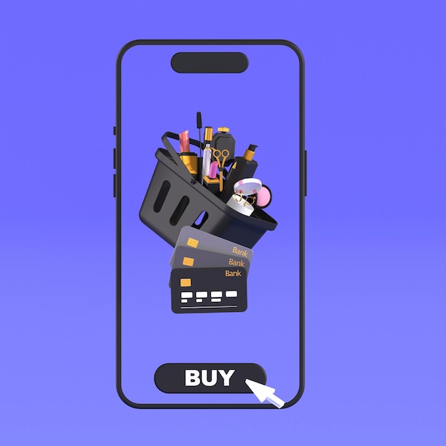 Carrello per smartphone con illustrazione 3D con un pacchetto di carte bancarie cosmetiche su sfondo viola