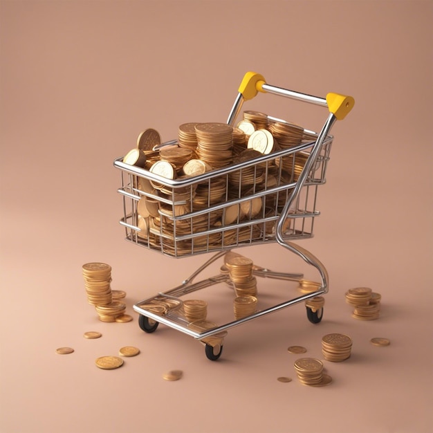 Carrello pieno di monete costo del concetto di shopping rendering 3d realistico generato con ai
