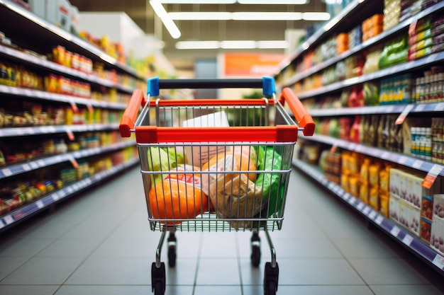 Carrello pieno nella corsia del supermercato Veduta dall'alto Composizione orizzontale