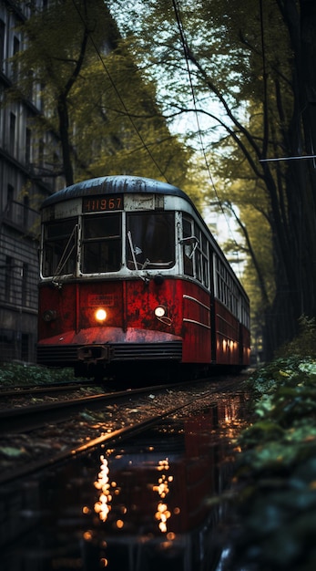 carrello rosso arafed su binari in una città con alberi generativi ai