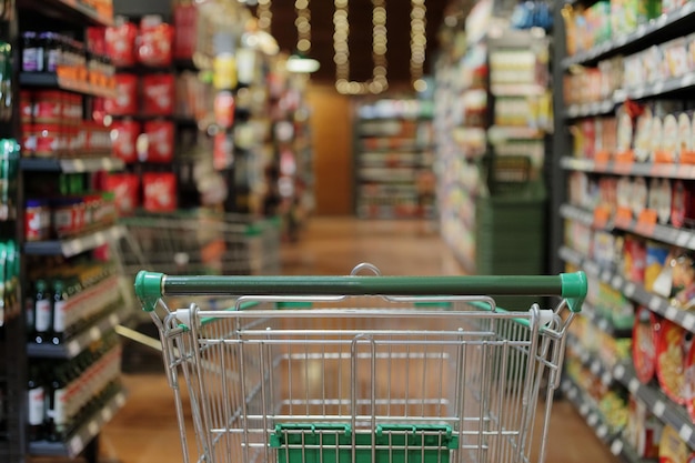 Carrello verde vuoto nel fondo interno del corridoio del supermercato