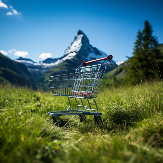 Carrello vuoto è nel campo verde contro la montagna Immagine bella illustrazione