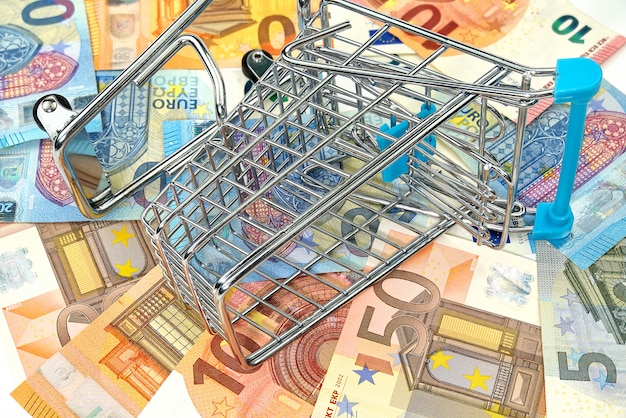 Carrello vuoto sulle euro banconote. Concetto di shopping, denaro in euro nel carrello. shopping, prestito, risparmio di denaro, pensione, concetto di investimenti