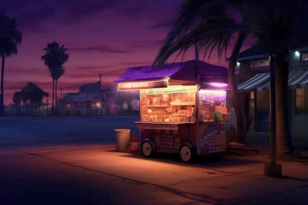 Carretto di hot dog con luci al neon viola sulla spiaggia di notte Rimorchio di hot dog sulla costa della città AI