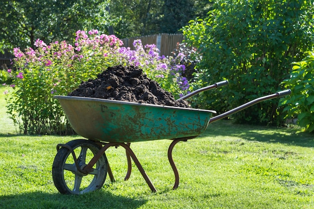 Carriola da giardino piena di terra in una fattoria.