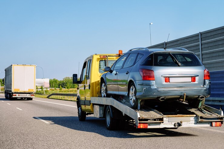 Carro attrezzi trasportatore che trasporta auto sulla strada in Slovenia.