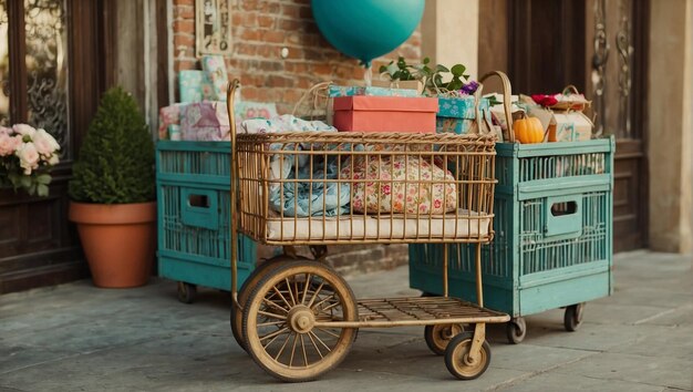 Carro della spesa Crea un carrello della spesa in stile vintage pieno di articoli essenziali per la spesa dell'Eid come i vestiti