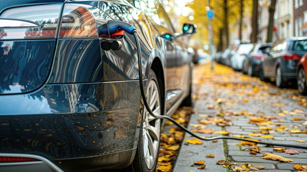 Carro elettrico che si carica su una strada ricoperta di foglie in una soleggiata giornata d'autunno