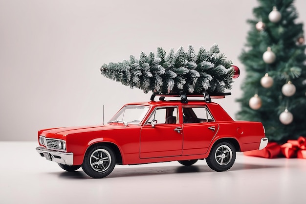 Carro giocattolo rosso con un albero di Natale in cima