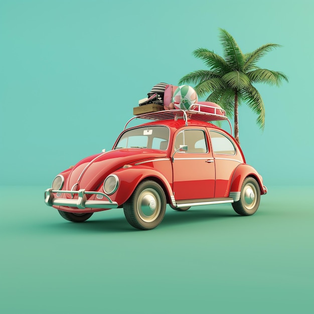 Carro retro rosso divertente con accessori per le vacanze estive sulla spiaggia e le palme