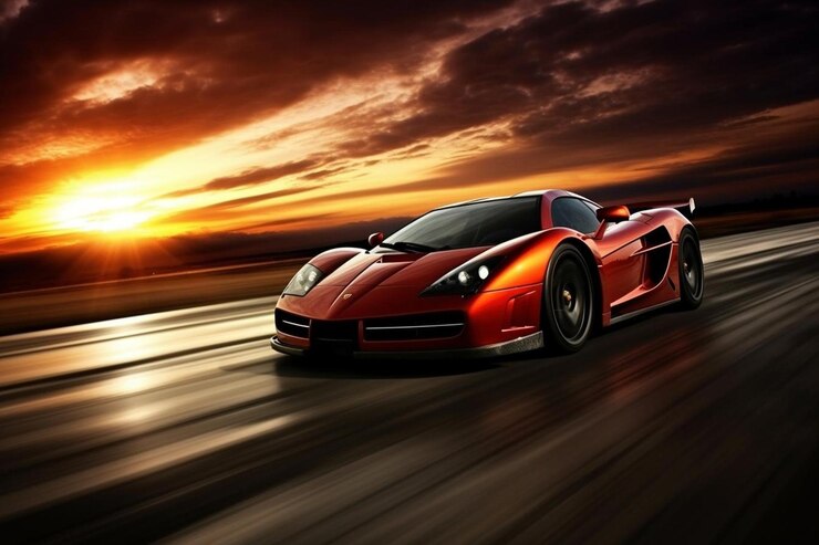 Foto carro rosso sulla carta da parati della strada