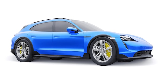 Carro sportivo elettrico blu per il rendering 3d di aree urbane e rurali