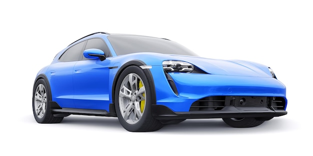 Carro sportivo elettrico blu per il rendering 3d di aree urbane e rurali