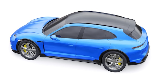 Carro sportivo elettrico blu per il rendering 3d di aree urbane e rurali