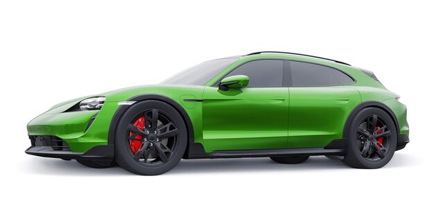 Carro sportivo elettrico verde per il rendering 3d di aree urbane e rurali