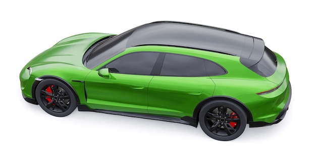 Carro sportivo elettrico verde per il rendering 3d di aree urbane e rurali