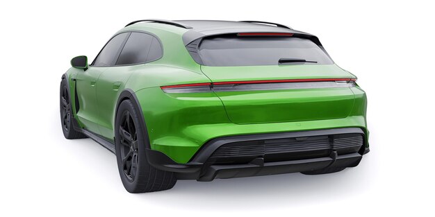 Carro sportivo elettrico verde per il rendering 3d di aree urbane e rurali