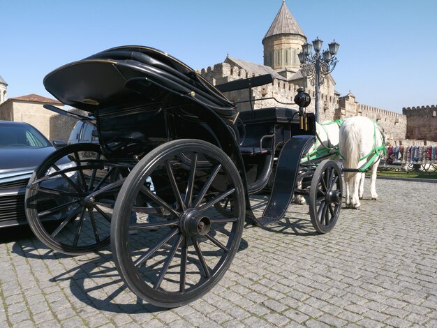 Carrozza di escursione con cavalli bianchi alla chiesa di Svetitskhoveli in Georgia