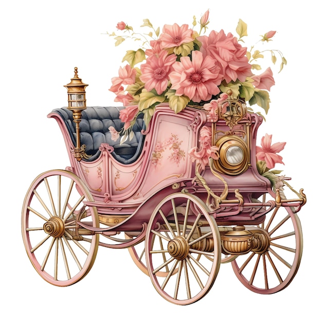 Carrozza rosa dell'acquerello vittoriano con clipart rosa vittoriano dell'annata dell'illustrazione dei fiori