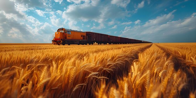 Carrozze ferroviarie che trasportano grano di grano accanto a un campo sotto un cielo blu Un concetto di vista ravvicinata Trasporto Agricoltura Carrozze ferrovie grano di frumento Cielo blu