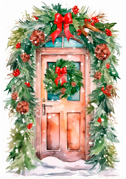 Carta ad acquerello con una porta di cottage decorata per Natale