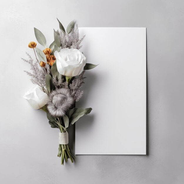 Carta bianca bianca con fiori attorno su uno sfondo grigio chiaro