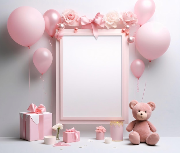 Carta bianca bianca con spazio per il proprio contenuto intorno a orsi di peluche palloncini regali rosa regali come simbolo di giorno di presente e amore